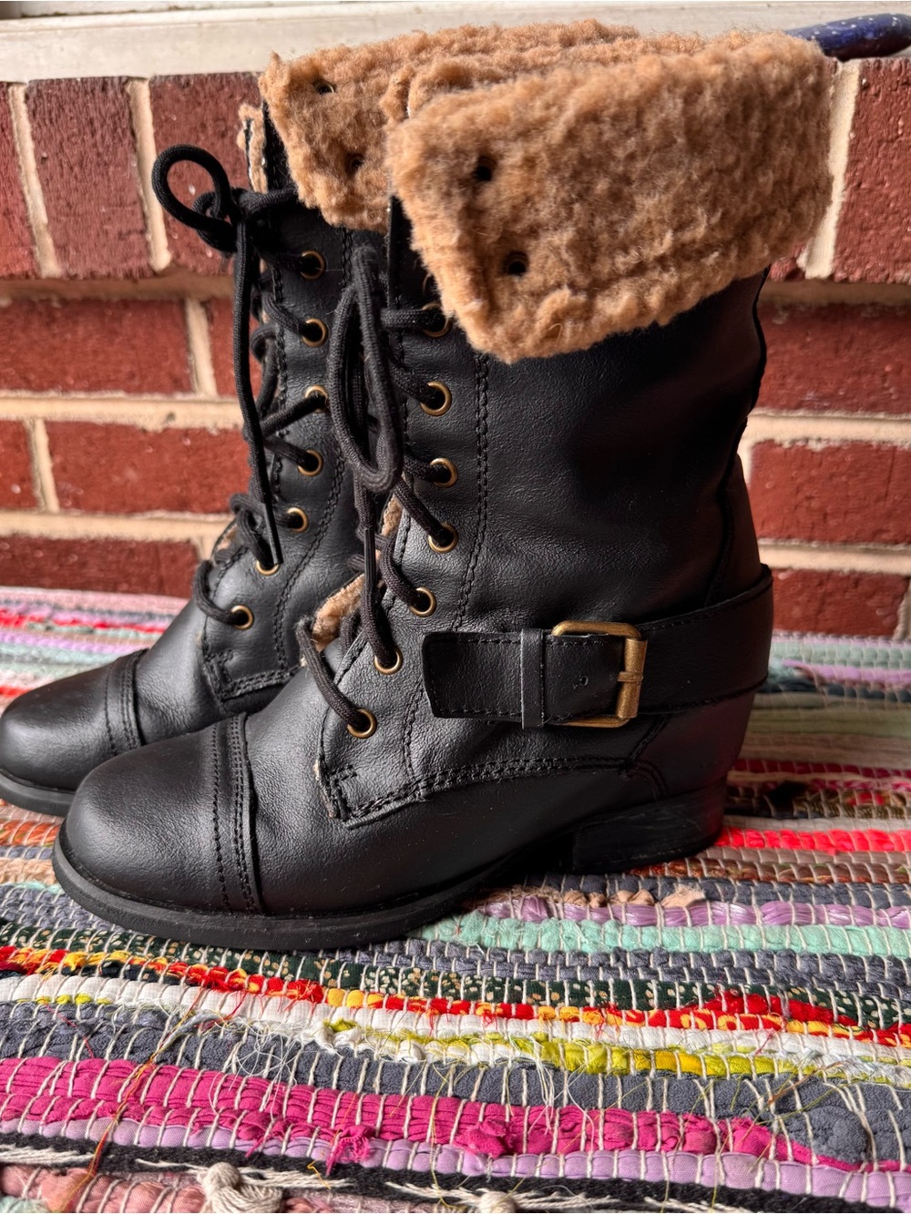 Skechers SKCH+3 Black Lace-Up with side zipperAnkle Boots with Tan Faux Fur Cuff